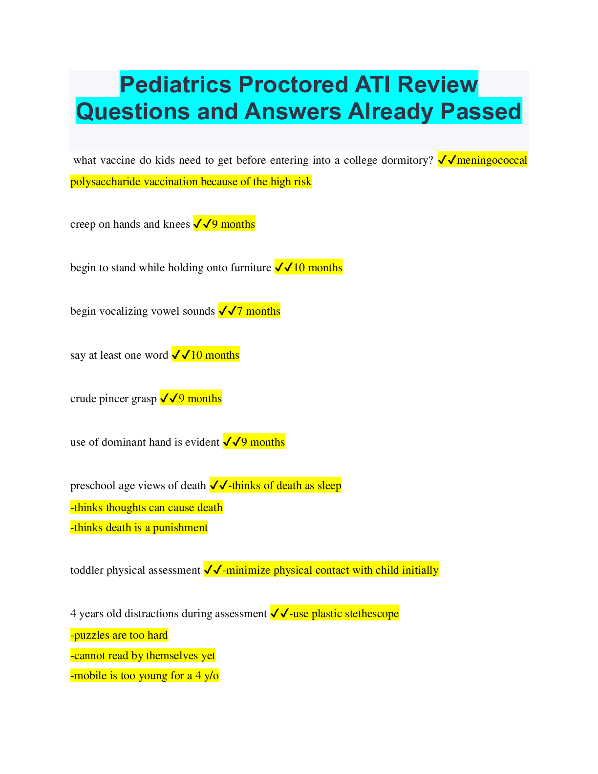 Preview of Pediatrics Proctored ATI Review Questions and Answers Already Passed